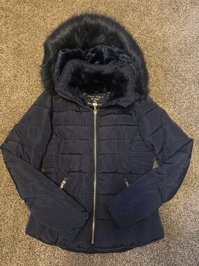 George Navy Puffer Coat with Faux Fur Hood
